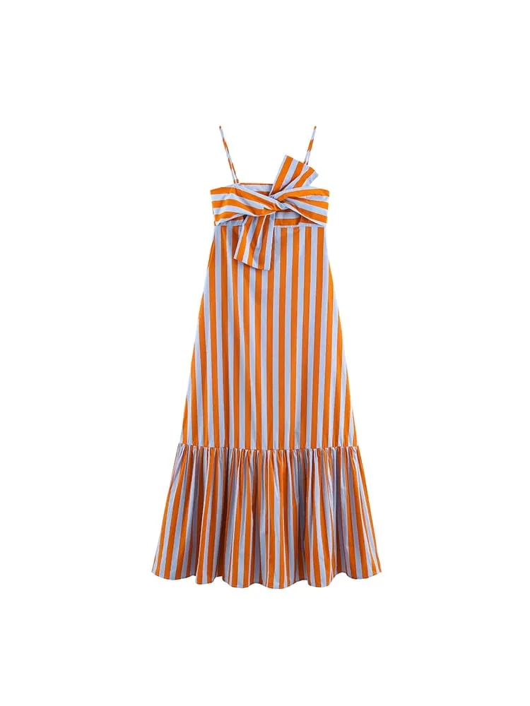 Fashion Women Stripes Print Sling Dress na walang manggas na Bow Front Loose Fit Backless Long Dresses Chic Lady Holiday Robe — image 2