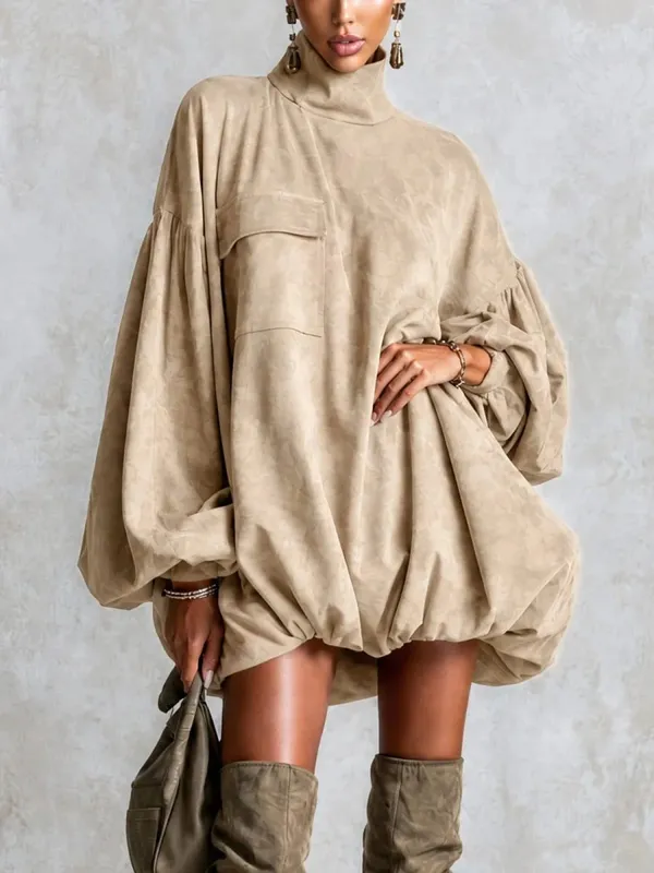 Autumn Winter Turtleneck Mini Dress Women Elegant Lantern Long Sleeve Loose Straight Short Dress Casual Streetwear Dresses