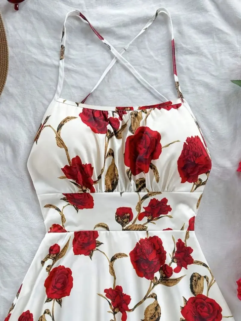 Hanging neck cross thin suspender short dress with waist cinching and big swing creating an atmosphere for women's short skirt — image 2