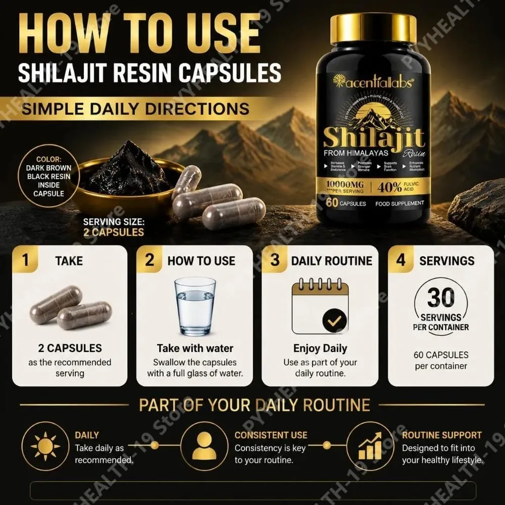 Shilajit Resin Capsules from Himalayas 1000mg 10:1 Extract 40% Fulvic Acid 60 Count Supports Stamina & Endurance Brain Function — image 5