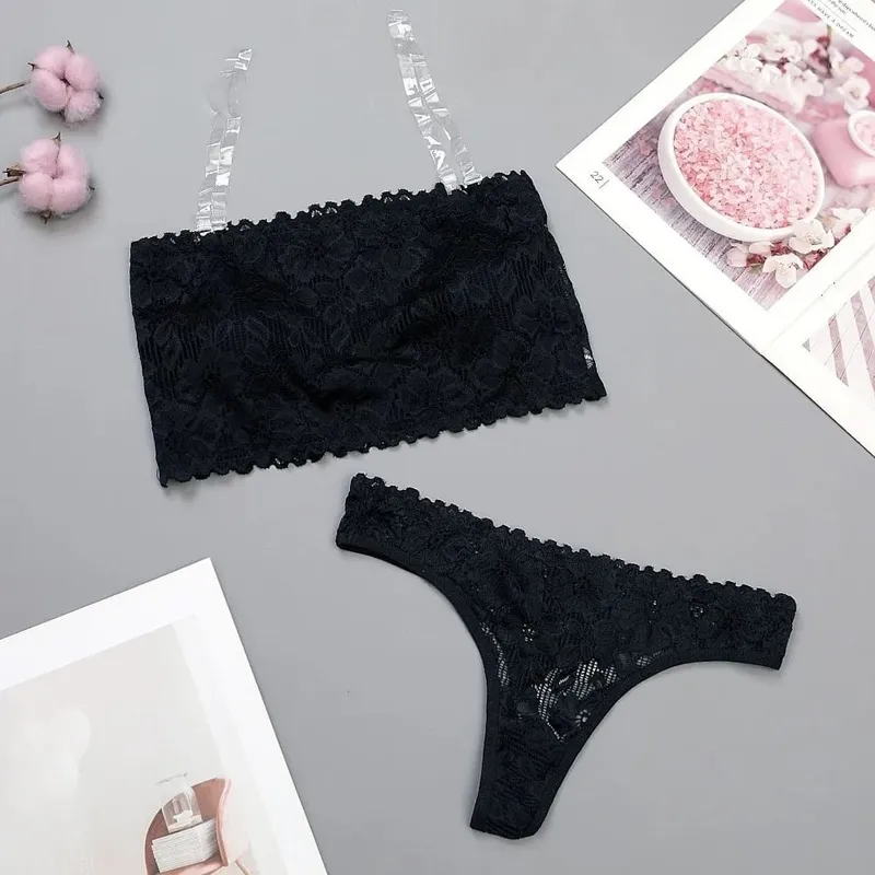 Lace Sheer Flower Thong Bra Set Invisible Straps Embroidery Floral Panties Bra Kit Lingerie Hollow Underwear for Women Ladies