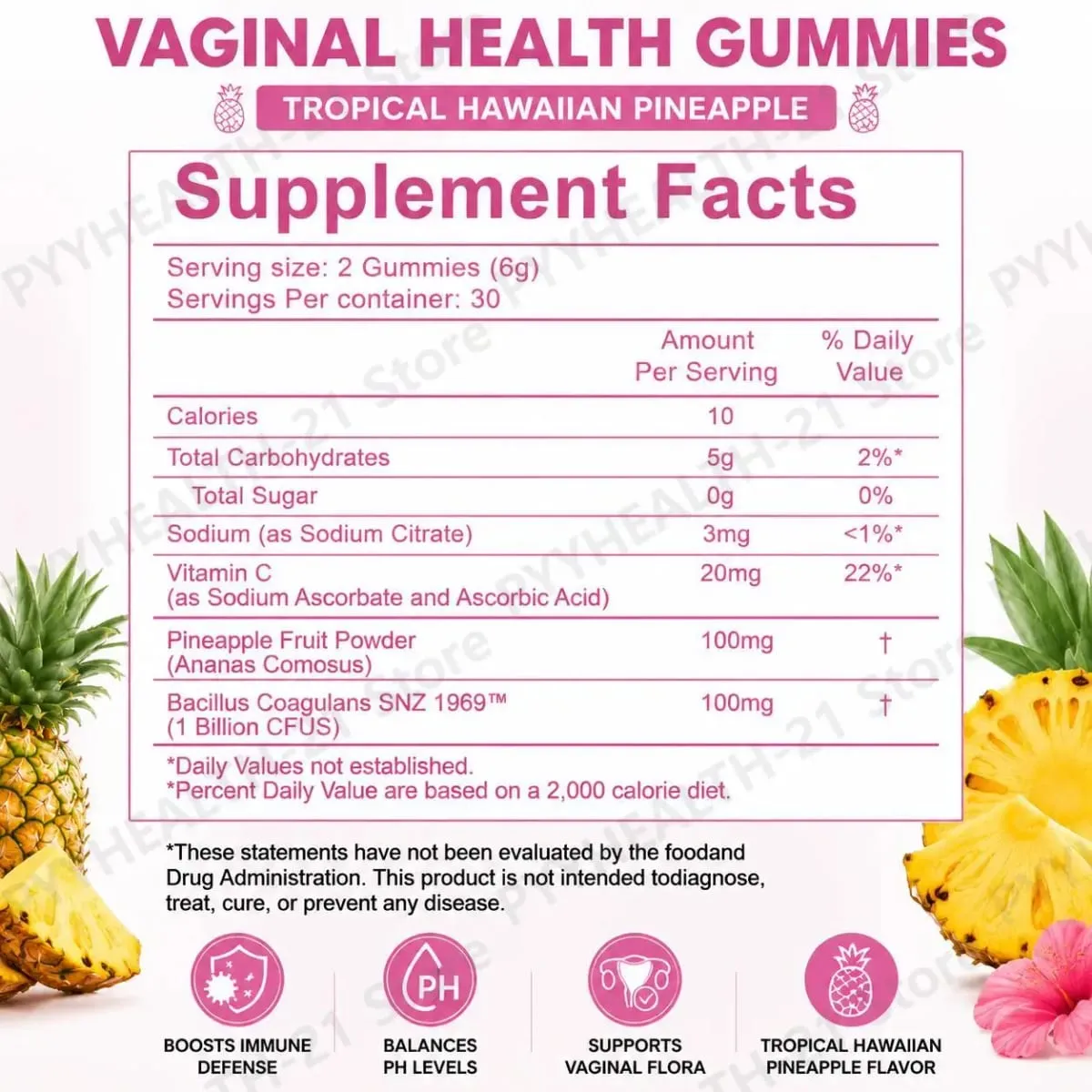 HalmanLabs Vaginal Health Gummies Probiotic Vitamin C Balance PH Levels Support Flora Immune Defense 60 Count Pineapple Women — image 3