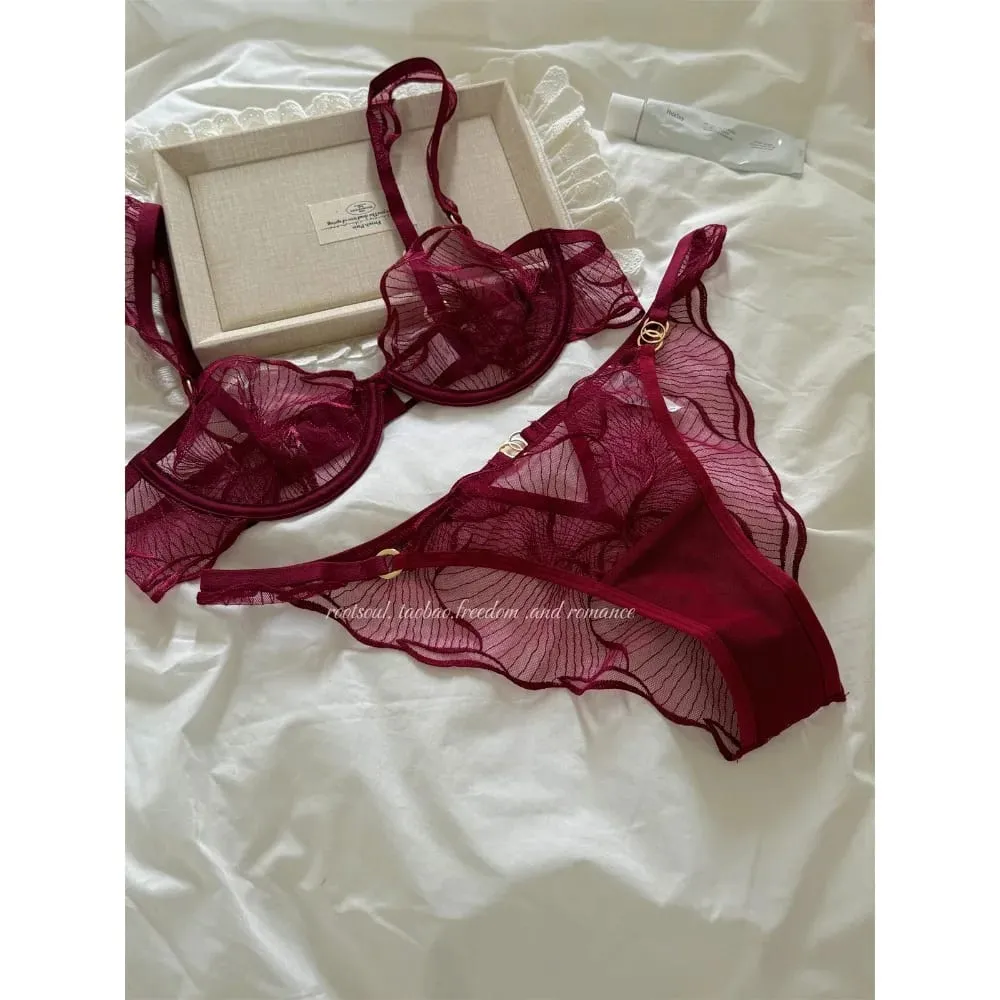 Romantic French Lace Bra Set Floral Embroidery Push Up Thin Cup Women Lingerie Bra & Panty Set Size 32-38AB セクシーな — image 6