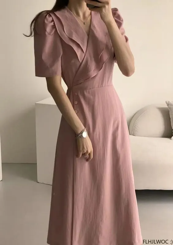 Südkorea Chic Midi Kleid Frauen Sommer Japan Stil Retro Vintage Design Rüschen Rosa Einteiliges Spitze-Up Kleid FLHJLWOC Vestidos — image 8