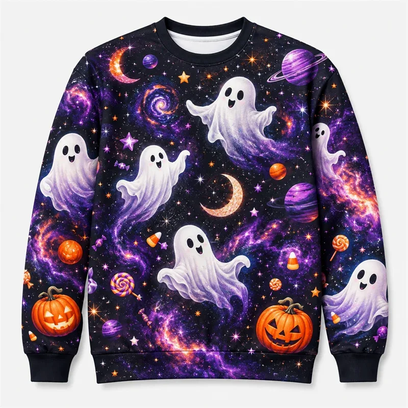 2026 New Ghost Pumpkin Skeleton Print Halloween Sweatshirts Fashion Holiday Wear Unisex O Neck Sweater Cool Streetwear Pullovers
