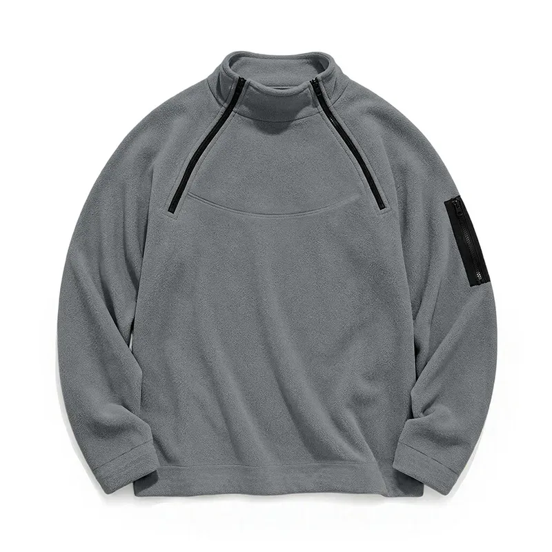 Men Fleece Stand Collar Sweatshirt Diagonal Zipper Arm Pocket Long Sleeve Loose Casual Pullover Autumn Winter Outdoor Tops — image 20