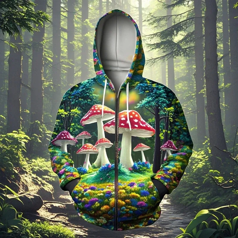 Mantar 3D baskı fermuarlı kapüşonlu kıyafet erkek kadın rahat moda kapüşonlu eşofman üstü erkek büyük boy eşofman Hoodies erkek ceket giyim — image 5