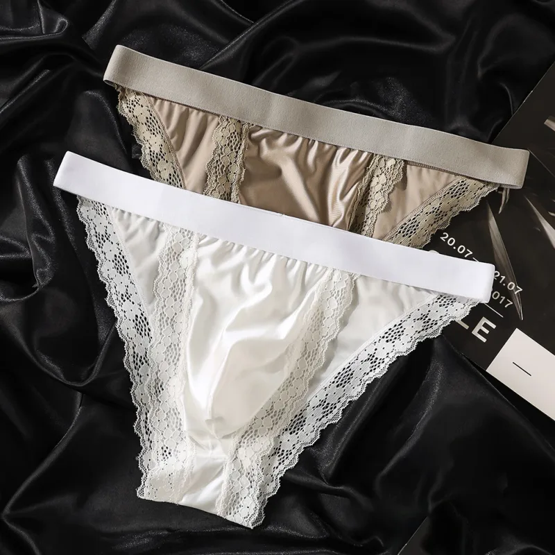Satin-like Comfortable Men Panties Lace Trim Briefs Sexy High Fork Bikinis Underwear Breathable Low Waist Pouch