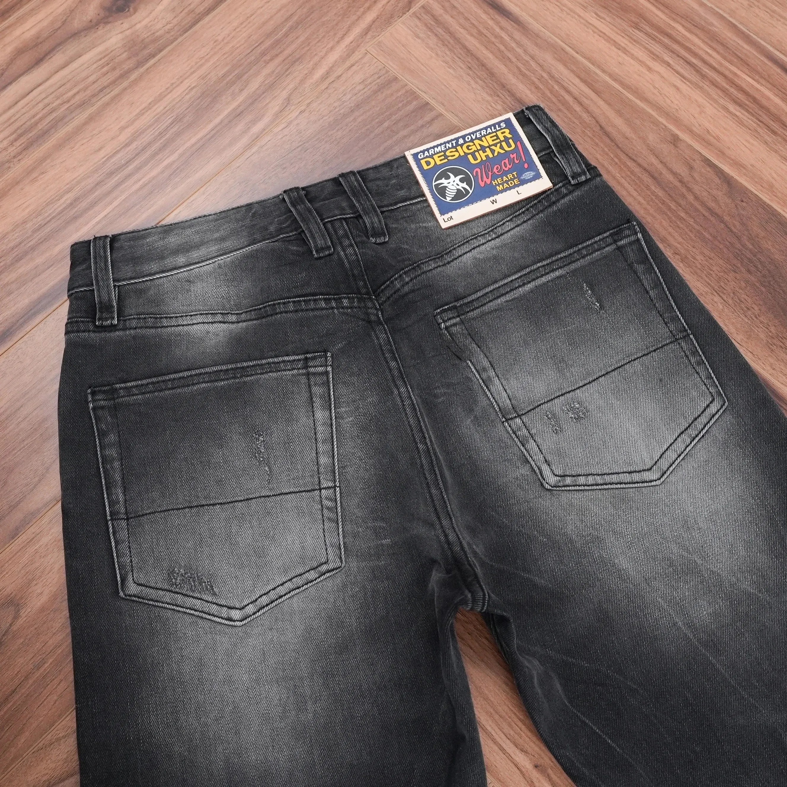 High Quality Spring Washed Blackgray Denim Jeans for Men Ripped Hole Distressed Design Regular Straight Comfortable Casual Pants