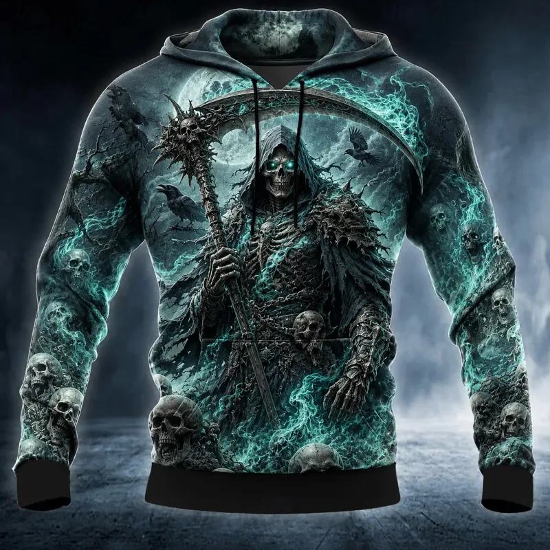 Men's Halloween Grim Reaper 3D Printed Hoodie, Skull Raven Gothic Graphic Sweatshirt, Long Sleeve Streetwear Men Clothing — image 3