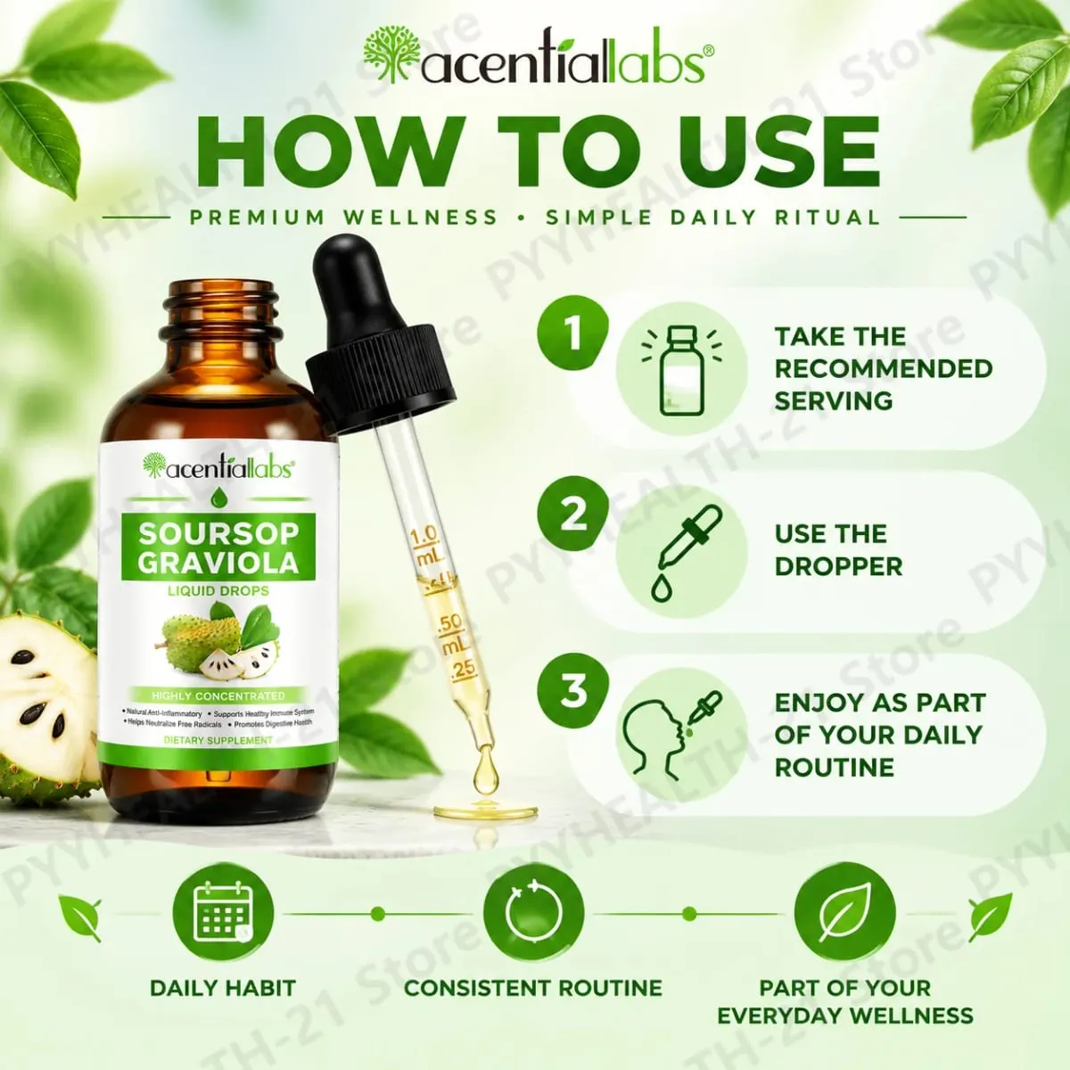 AcentiLabs Soursop Graviola Liquid Drops Vitamin C Supports Digestive Health Immune System Free Radical Defense 60ml for Adults — image 6