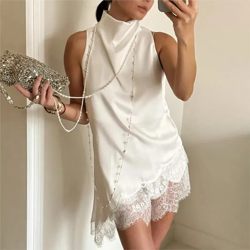 Women's Satin High Neck Lace Trim Sleeveless Tanks Summer Fashion Casual Irregular Silhouette Delicate Solid Color Tops — image 1