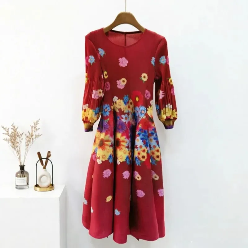 Miyake Plissee Kleider 2026 Herbst Neue Sanfte Französisch Druck Elegante Stretch Plus Größe frauen Langarm Bounce Blume Knospe kleid — image 2
