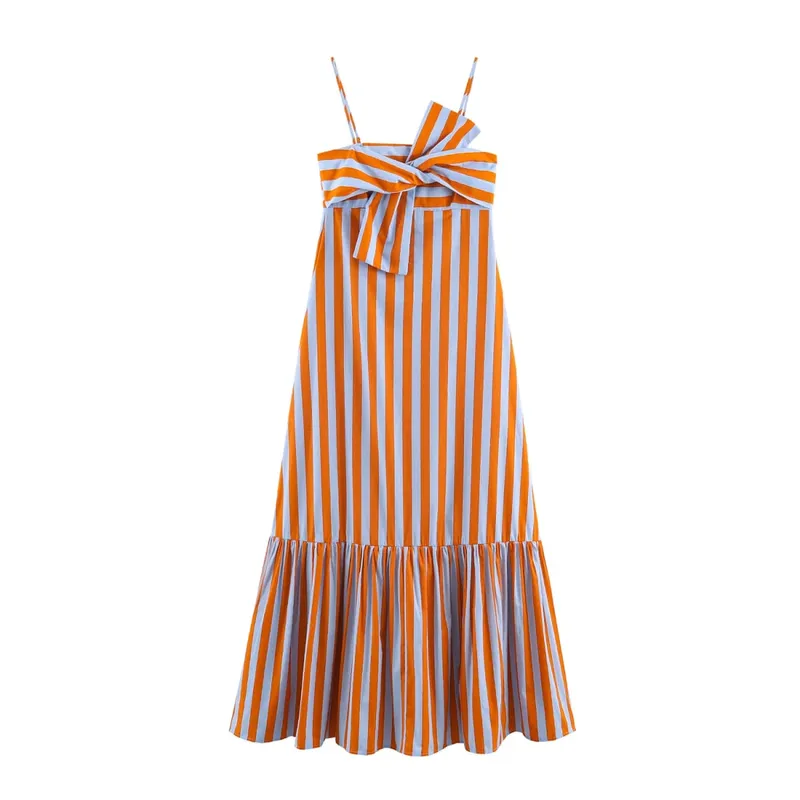 Fashion Women Stripes Print Sling Dress na walang manggas na Bow Front Loose Fit Backless Long Dresses Chic Lady Holiday Robe — image 8