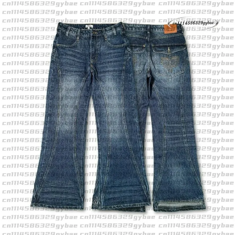 2026 Y2K Retro Blue Flare Jeans Unisex Washed Denim Pants Embroidered Back Pocket Streetwear Wide Leg Bootcut Jeans — image 1