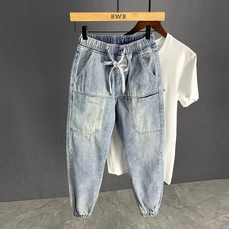 Pakaian jalanan Mewah Musim Gugur baru Korea Harajuku Stretch Lelaki Slim Solid Denim Kasual Seluar Pensel Seluar Jeans longgar kargo lelaki