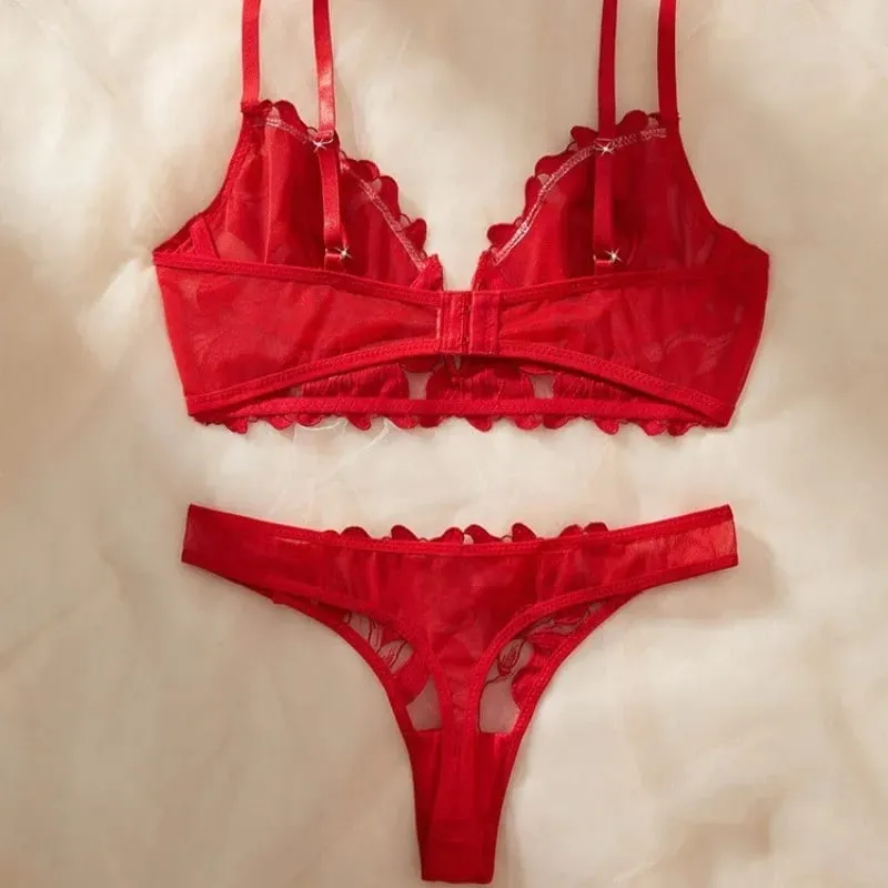 Women Red Floral Lace Lingerie Set Sheer Underwire Thin Cup Bra Matching Thong Panties Sexy Hollow Intimates — image 3