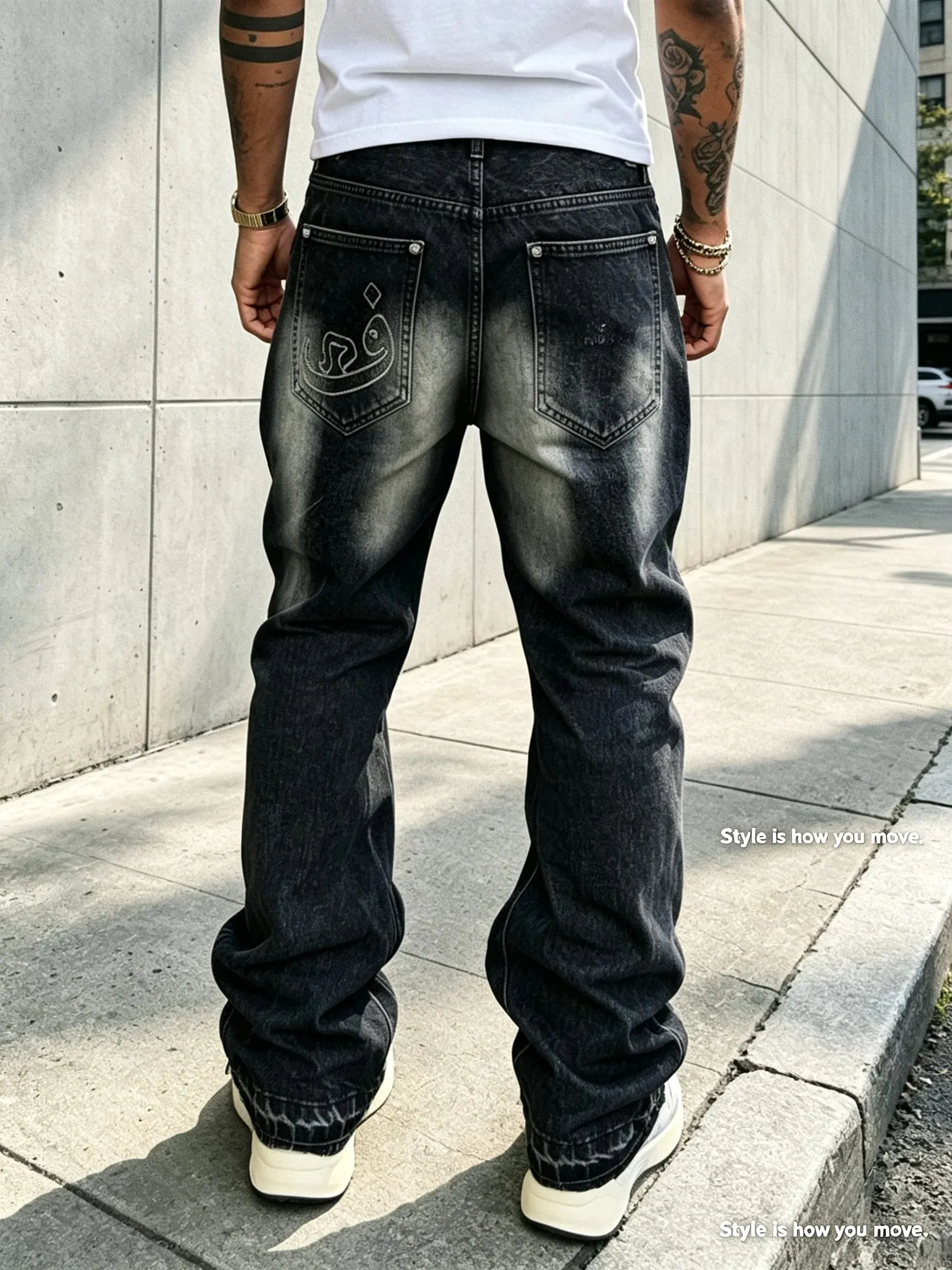 Men Y2K Baggy Bootcut Jeans Retro 2000s Street Swag Denim Pants Back Embroidery Distressed Washed Wide Leg Downtown Casual Jeans — image 2