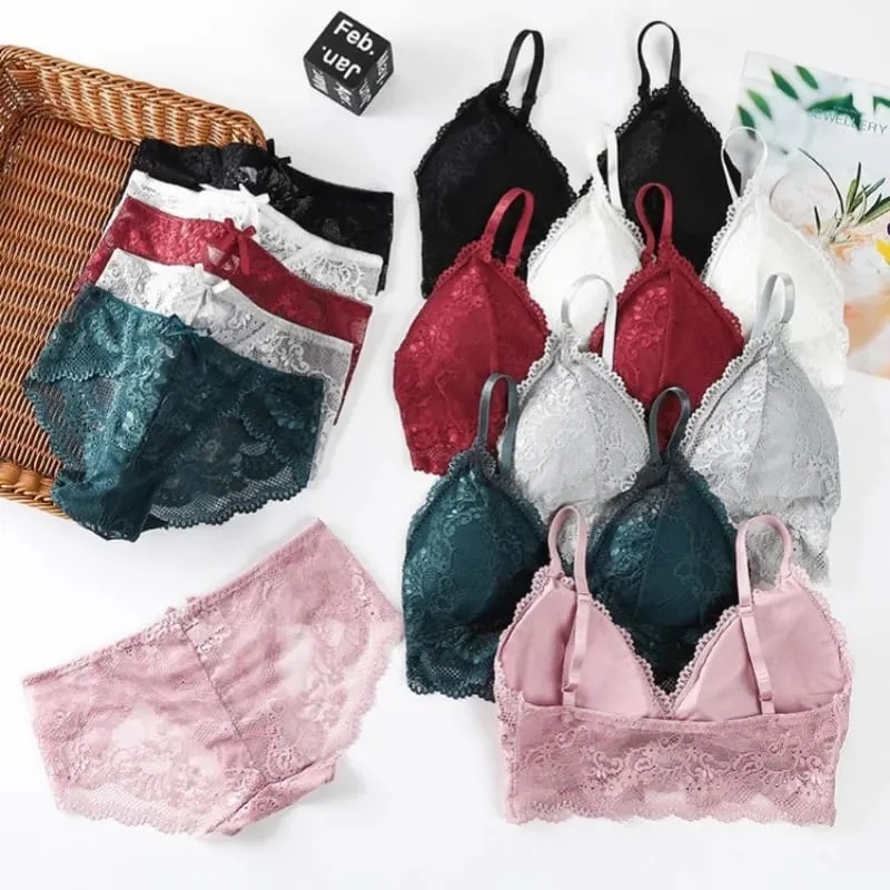 Lace Bra Set for Women Wirefree Bralette Front Criss‑Cross Floral Lace Underwear Sexy Lingerie 2‑Piece Bra And Panty Kit — image 5