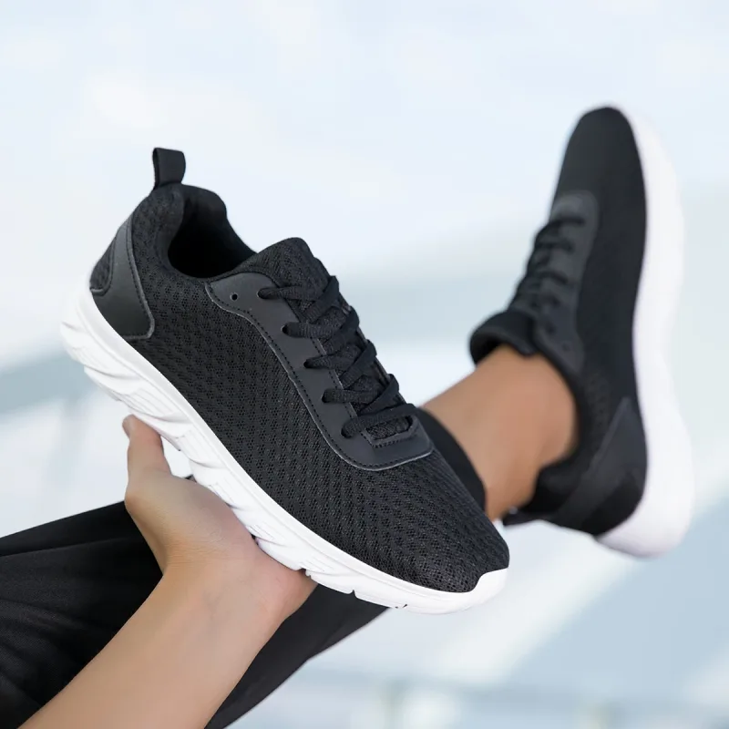 Jednobarevné černé Pánské atletické boty Dutá síťovina Svršek Neklouzavá Lehká podešev Jogging Trénink Běžné Denní cestování Outdoor Sportovní obuv — image 2