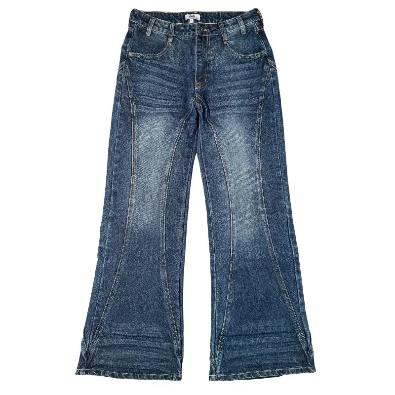 2026 Y2K Retro Blue Flare Jeans Unisex Washed Denim Pants Embroidered Back Pocket Streetwear Wide Leg Bootcut Jeans