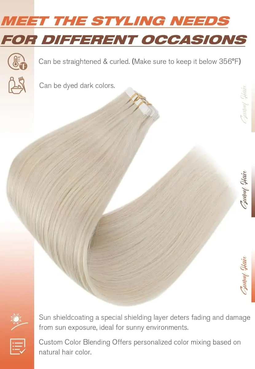 VeSunny Tape i hårförlängningar Riktigt människohår Osynligt Remy Hair Extensions Tape Ins för kvinnor Vit Platina Blond 26 Inch — image 5