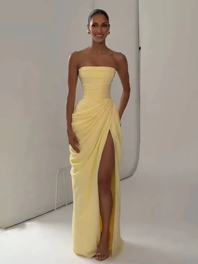 Abito da donna a vita alta senza schienale con taglio basso giallo Abito senza maniche con lacci in vita Cincher con cinturino per spaghetti Abiti da festa per donna — image 3