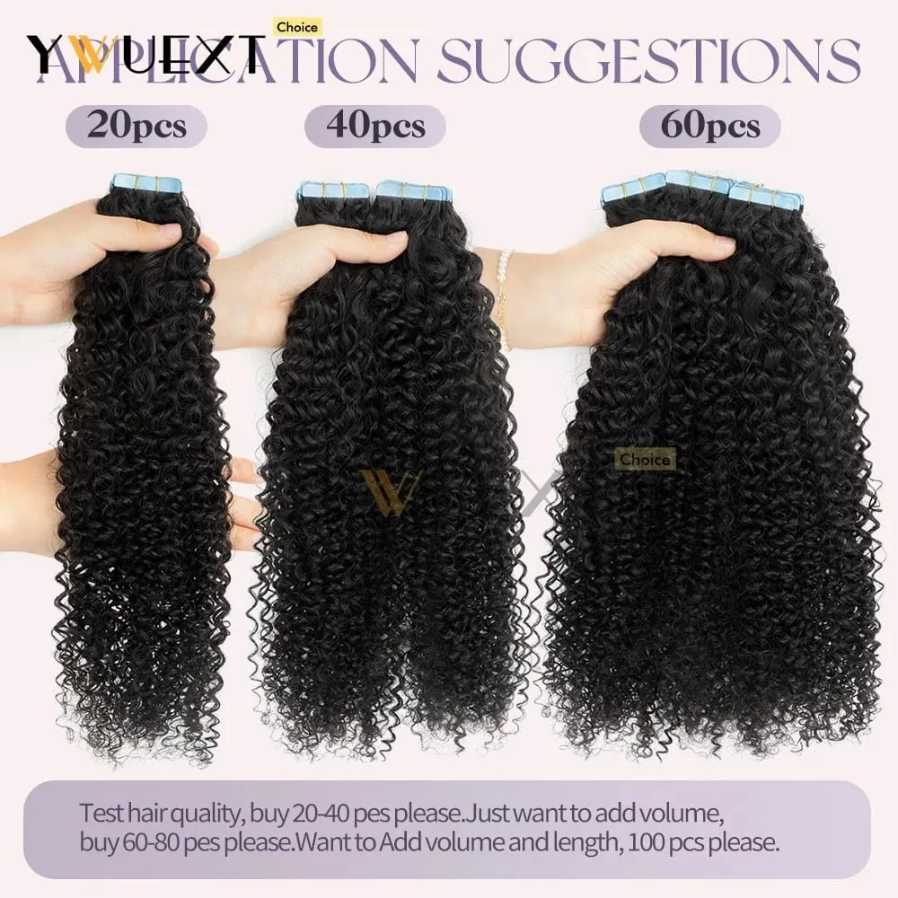 Water Wave Tape In Hair Extensions Human Hair Natural Black Color 1B# for Women 20pcs/pack Thick End Hair Extensions — image 7