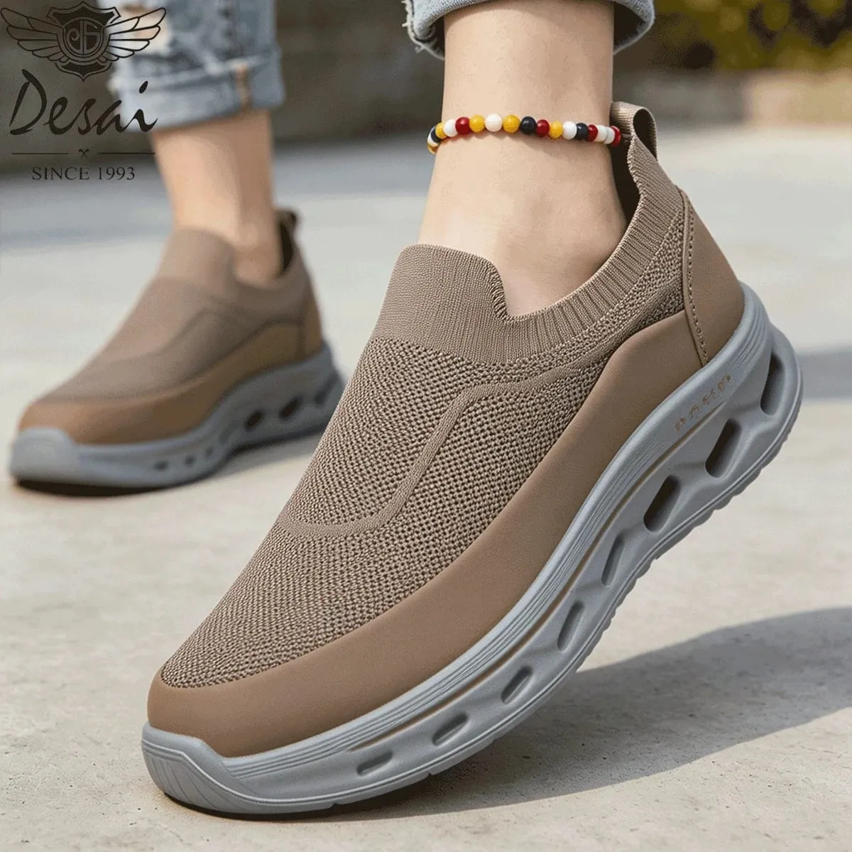 Desai Men's Wide Width Slip-on Knit Sock Sneakers Hollow-out Sole Breathable Lightweight Walking Shoes Daily Commute Outdoor