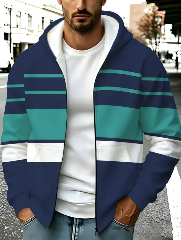 Hoodies for Man Striped Print Full Zip Sweatshirt Outdoor Wear Man Hoodie Fashion Casual Loose Sports Tops Pullover Man Clothing — image 15