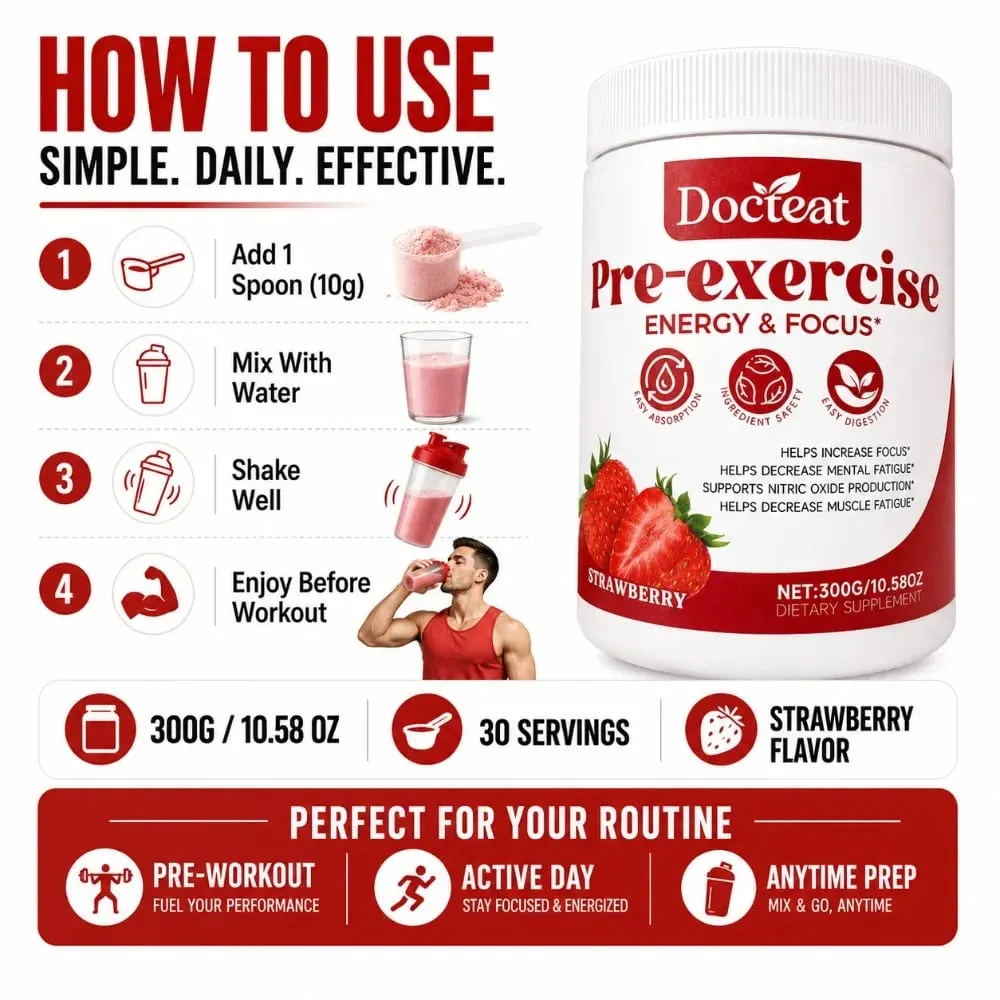 Docteat Pre Workout Powder Strawberry Energy & Focus Support Beta-Alanine L-Citrulline Rhodiola 300g 30 Portioner Drikkeblanding — image 6