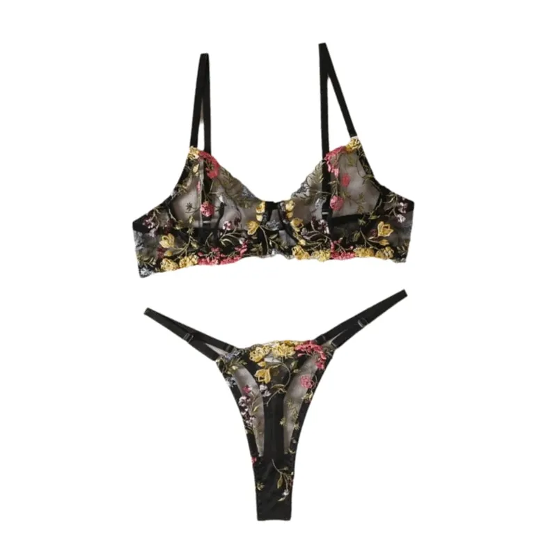 Sheer Intimates Transparent Lingerie Set Ultra-thin Elegant Embroidery Floral Underwear Push Up Panties Bra Set Honeymoon