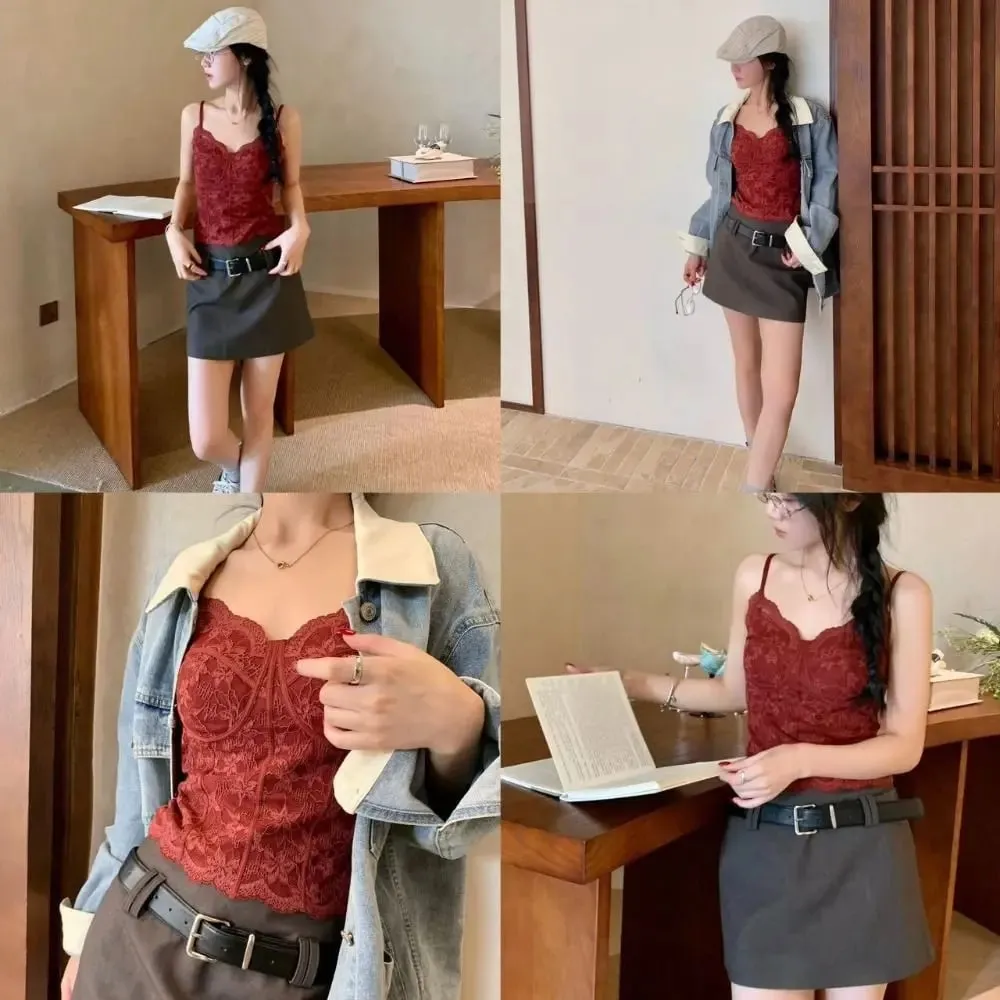 Elegant Fleece-lined Women Winter Camisole Retro Lace Floral Sleeveless Tank Tops with Chest Pad Slim Camis Crop Tops Women Girl