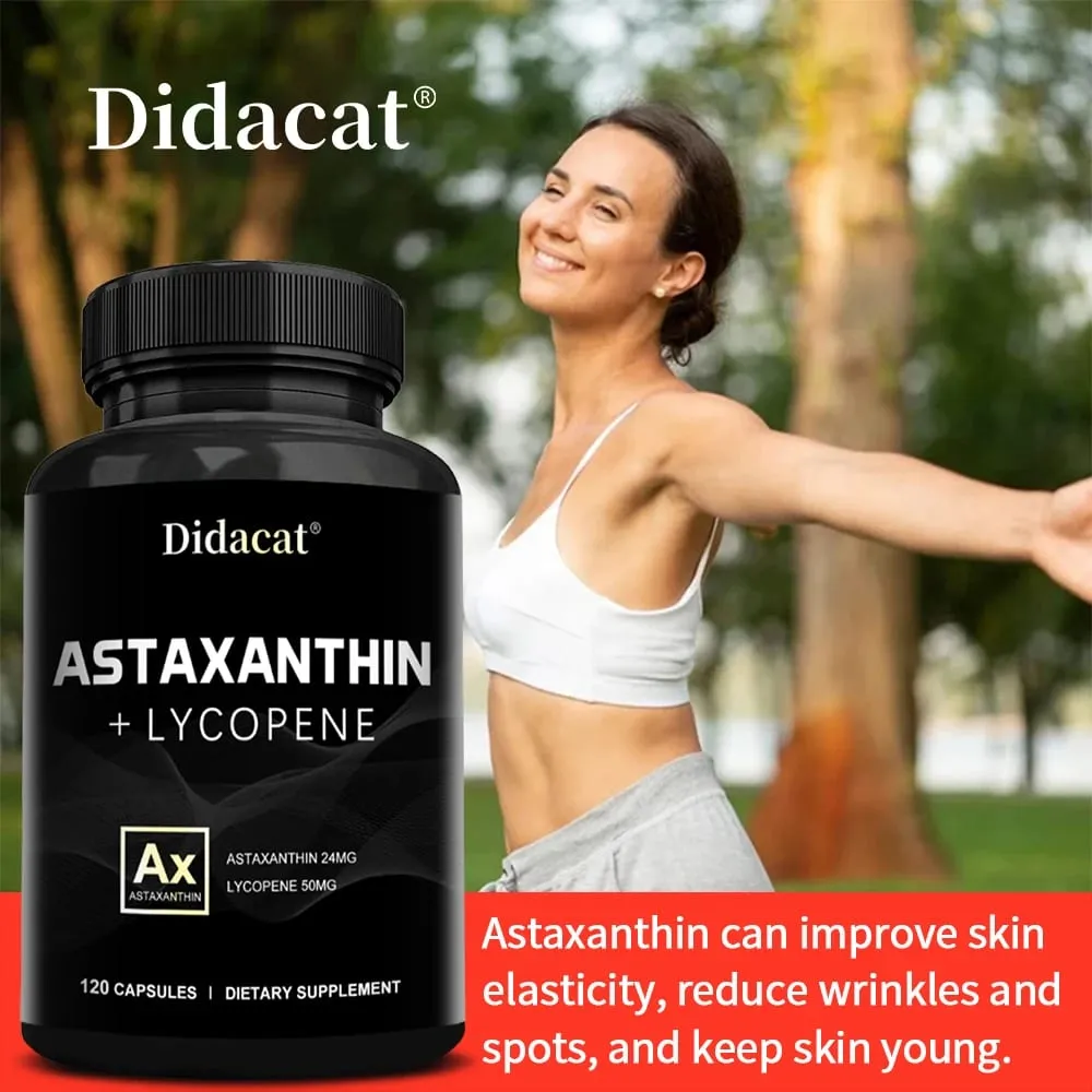 Astaxanthin 24mg + Lycopene 50mg Natural Antioxidant From Microalgae Astaxanthin Supplement Support Eye Skin Health Non-GMO