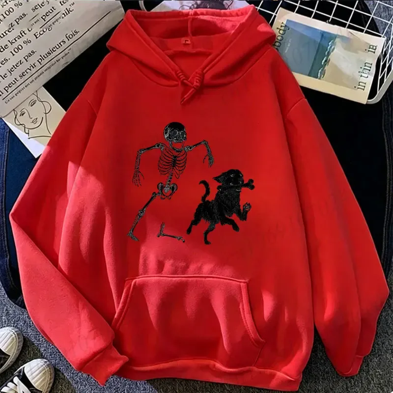 Vintage Halloween Men Women Hoodies Funny Skeleton Dog Print Tees Short Sleeve Casual Tops Halloween Party Costume Street Wear