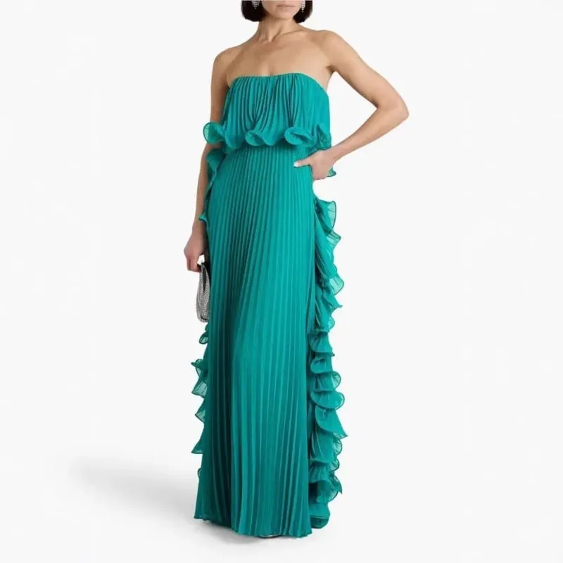 Trendy Women Summer Holiday Dress Orange Pleated Chiffon Long Formal Dresses Custom Made Ruffled Strapless Beach Party Dress — image 3