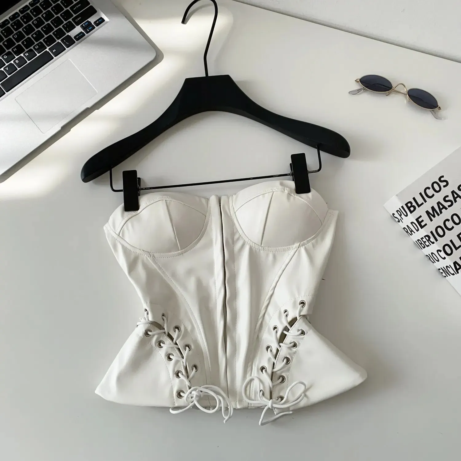 PU Leather Sensual Club Bustier Strapless Slim Lace Up Shirred Backless Camis Female Edgy Streetwear Fashion Tank Tops — image 7