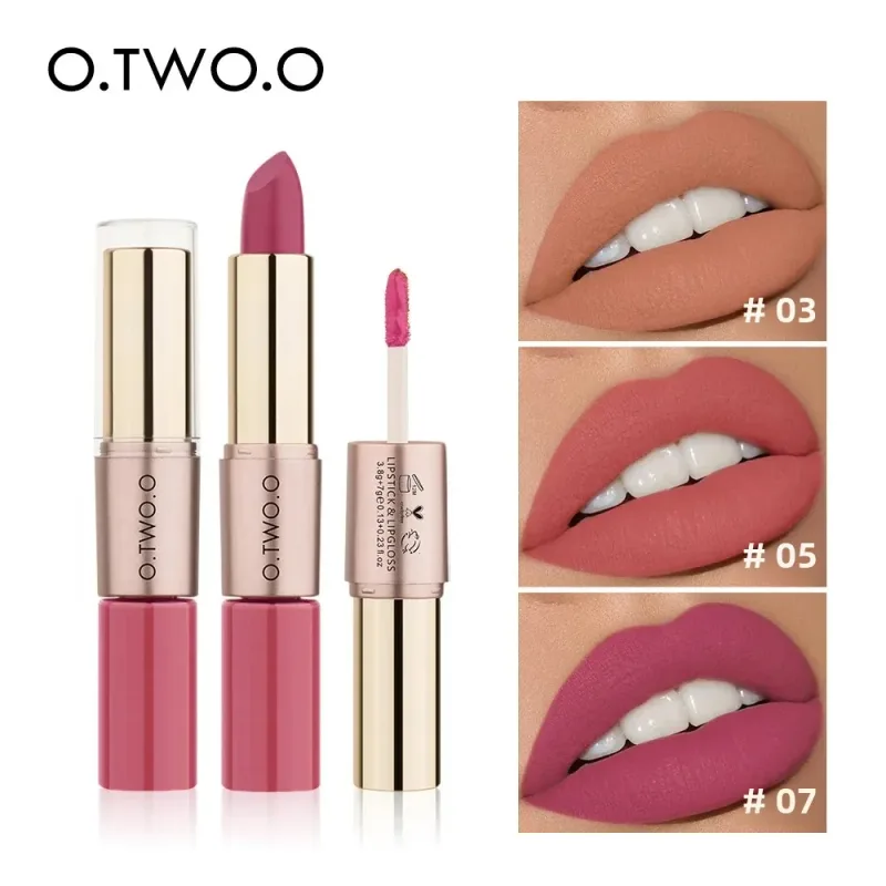 O.TWO.O 2 en 1 Lápiz labial Mate Brillo de labios Cosméticos Pintalabios impermeables Batom Mate Labios Maquillaje Colorete 12 colores Lápiz labial