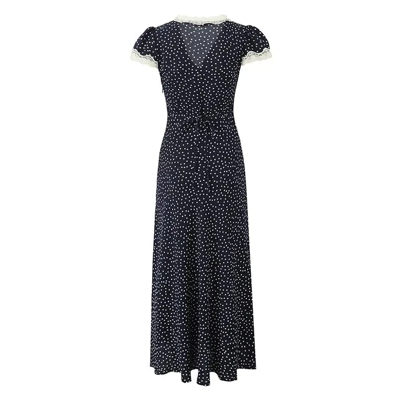 Gaun Panjang Polka Dot Biru Laut Wanita 2025 Gaun Liburan Elegan A-line Lengan Pendek Leher V Potongan Renda Jubah Maxi Musim Panas