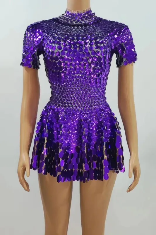 Estate donna moda mezzo collo alto manica corta sirena lucida paillettes mini abito club abito discoteca costume da spettacolo teatrale — image 15