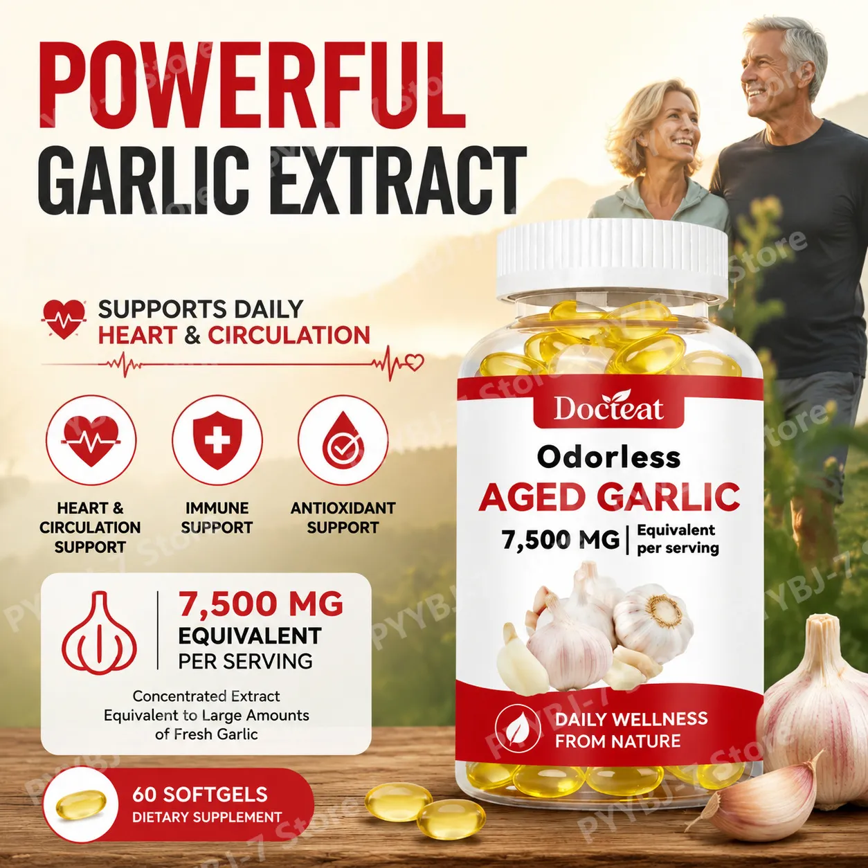 Extrato de alho envelhecido inodoro 7500 mg 60 cápsulas gelatinosas Ajo Envejecido suplemento antioxidante e suporte imunológico cápsulas gelatinosas diárias de alho — image 1