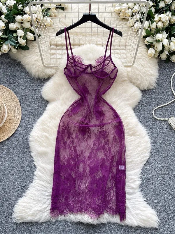 Женское модное тонкое прозрачное облегающее платье Pure Desire, женское новое винтажное сексуальное сетчатое фиолетовое длинное платье с лямкой на бретельках и вышивкой