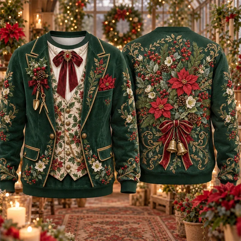 Christmas Fake Suit Tie Sweatshirt Men Vintage Tuxedo Blazer Bow Tie Graphic Crewneck Xmas Pullover Holiday Party Streetwear