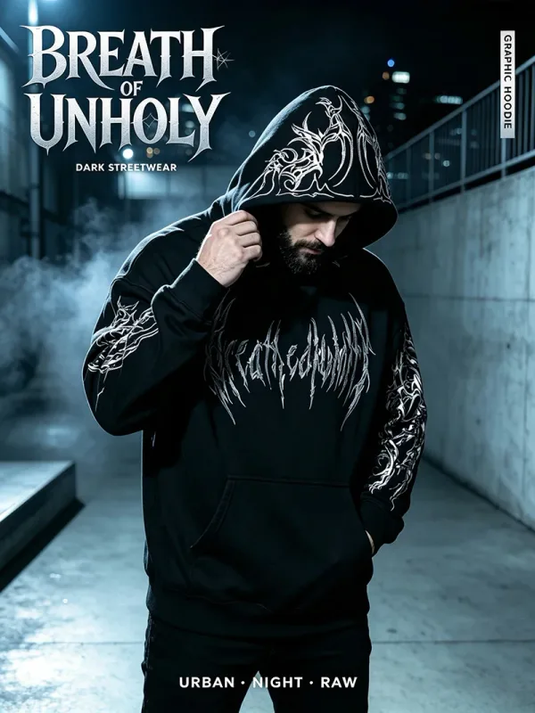 Men Alt Gothic Pullover Hoodie Y2k High Street American Style Dark Thorn Print Fleece Lined Loose Biker Fall Winter Sweatshirt — image 27