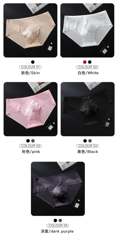 Large Size Men Sexy Panties Silky Satin Bugle Pouch Underwear Lace See Through Brief High Elastic Soft Underpant Bikini Lingerie