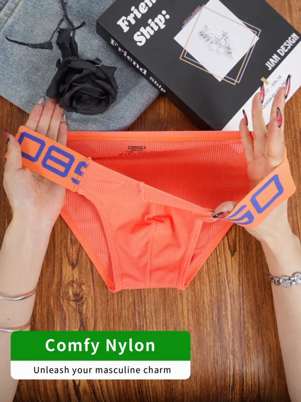 Panlalaking Nylon Blend Mesh Breathable Briefs Horn Splice Letter Embossed Malapad na Elastic Waistband Kulay Fluorescent Sexy Underwear