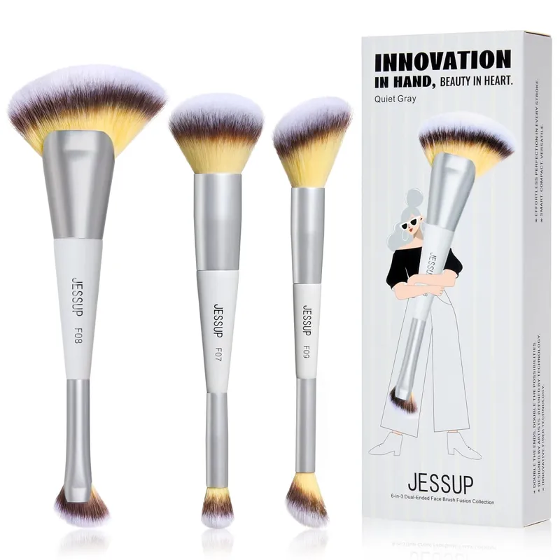 Jessup pincéis de maquiagem conjunto 3/7 pçs dupla terminou base sintética blush destaque mistura escova de sobrancelha com saco cinza silencioso t520 — image 8