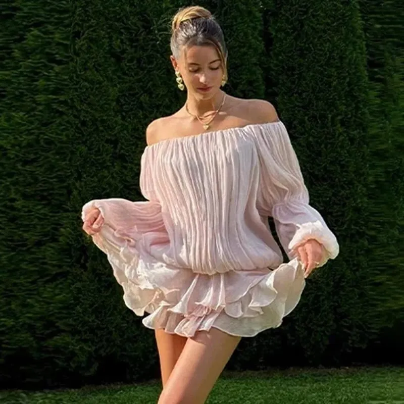 Ticketsx Sommer Glänzende Schulter Dünne Plissee Mini Kleid Elegante Solide Rüschen Langarm Vestidos Dame Party Abendkleid