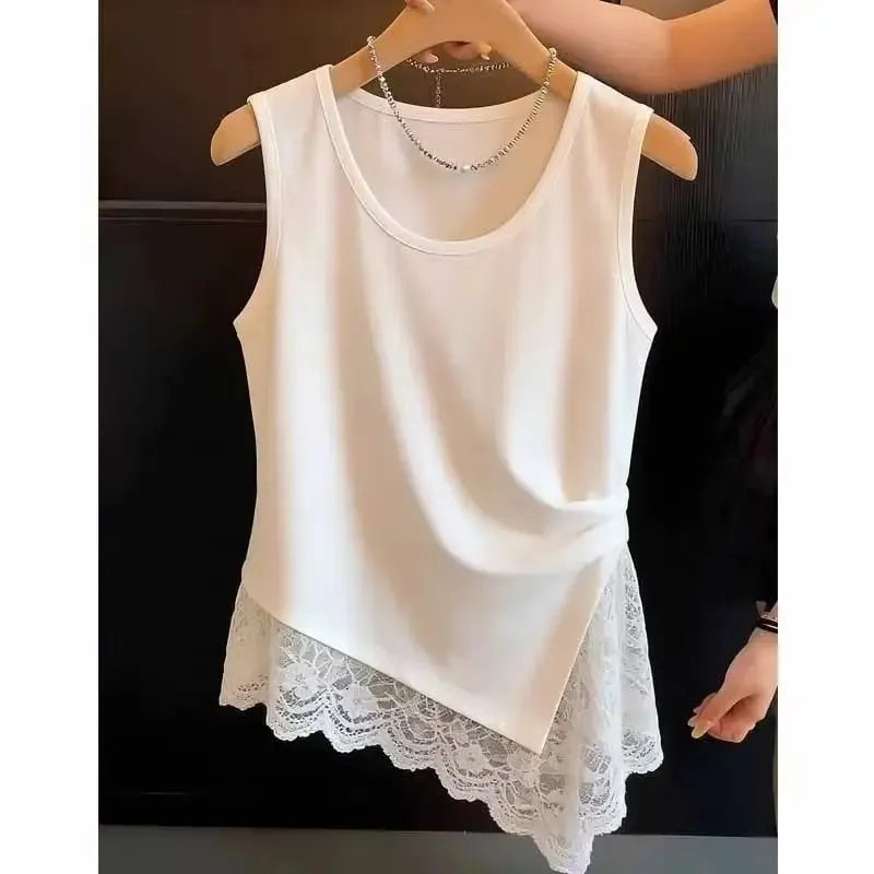 Tagsibol at tag-araw na malalaking sukat na damit ng kababaihan bagong commuter wind pleated na disenyo kahulugan lace lace splicing irregular vest