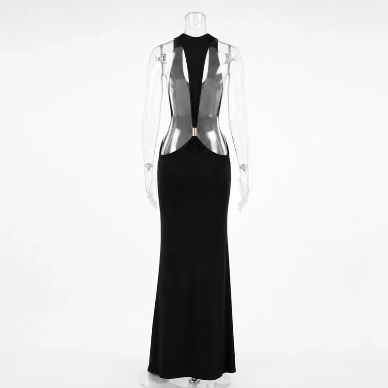 Tossy 女性ホルターバックレスボディコンマキシドレスオープンバックスパゲッティストラップゴールドリングイブニングパーティードレスサマービーチロングドレス